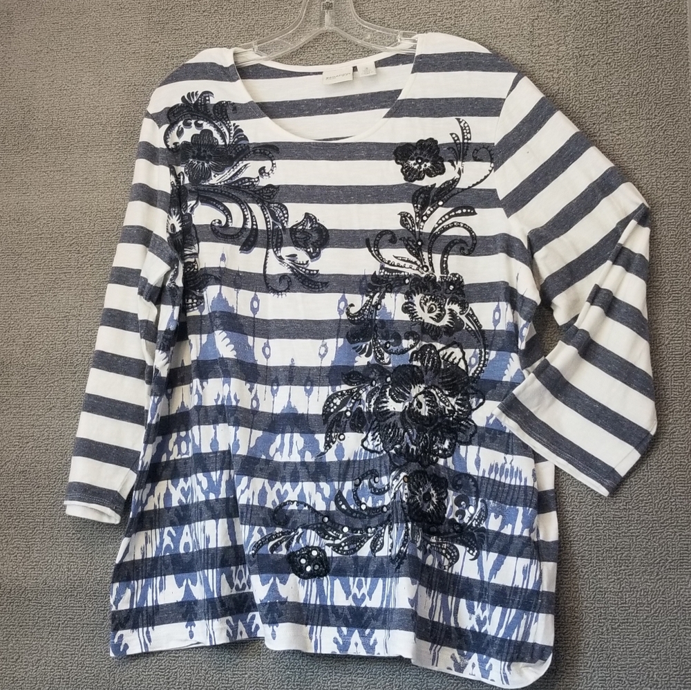 zenergy by chico's Shirt Womens 3 Blue White Stripes Floal Long Sleeve Top 1863